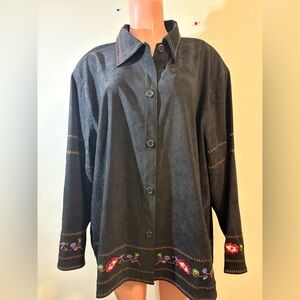 Susan Graver Shacket Women's Black Jacket shirt XL floral embroidery button down
